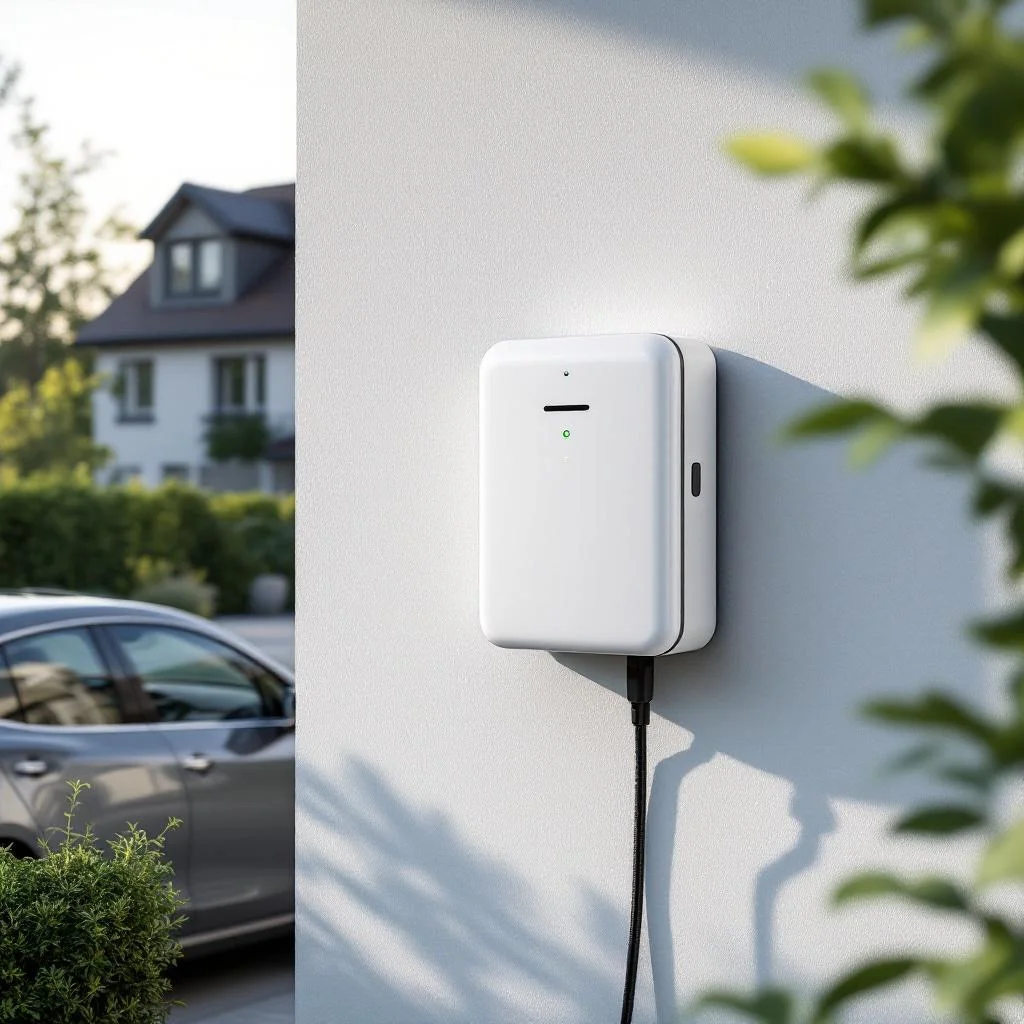 Wallbox an Hauswand neben E-Auto